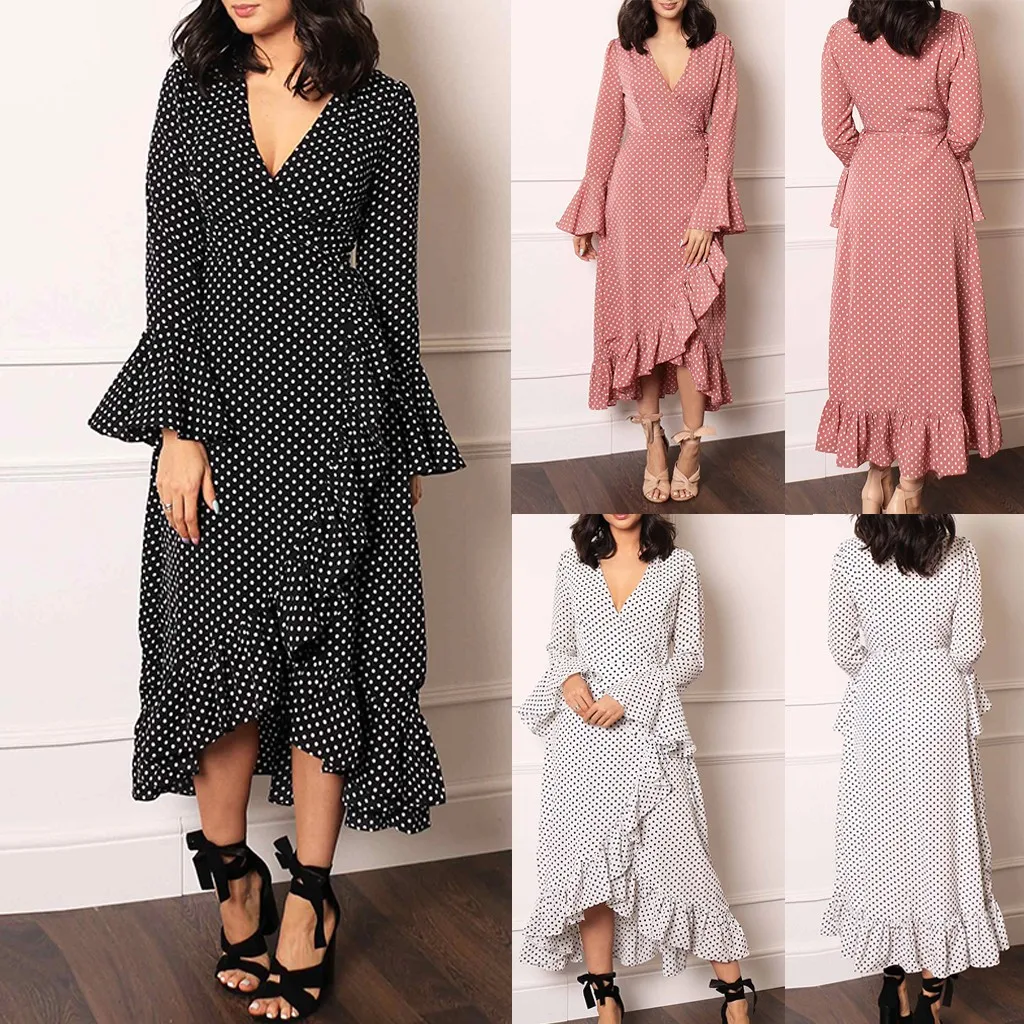 Женское платье в горошек с v образным вырезом расклешенное высокой талией