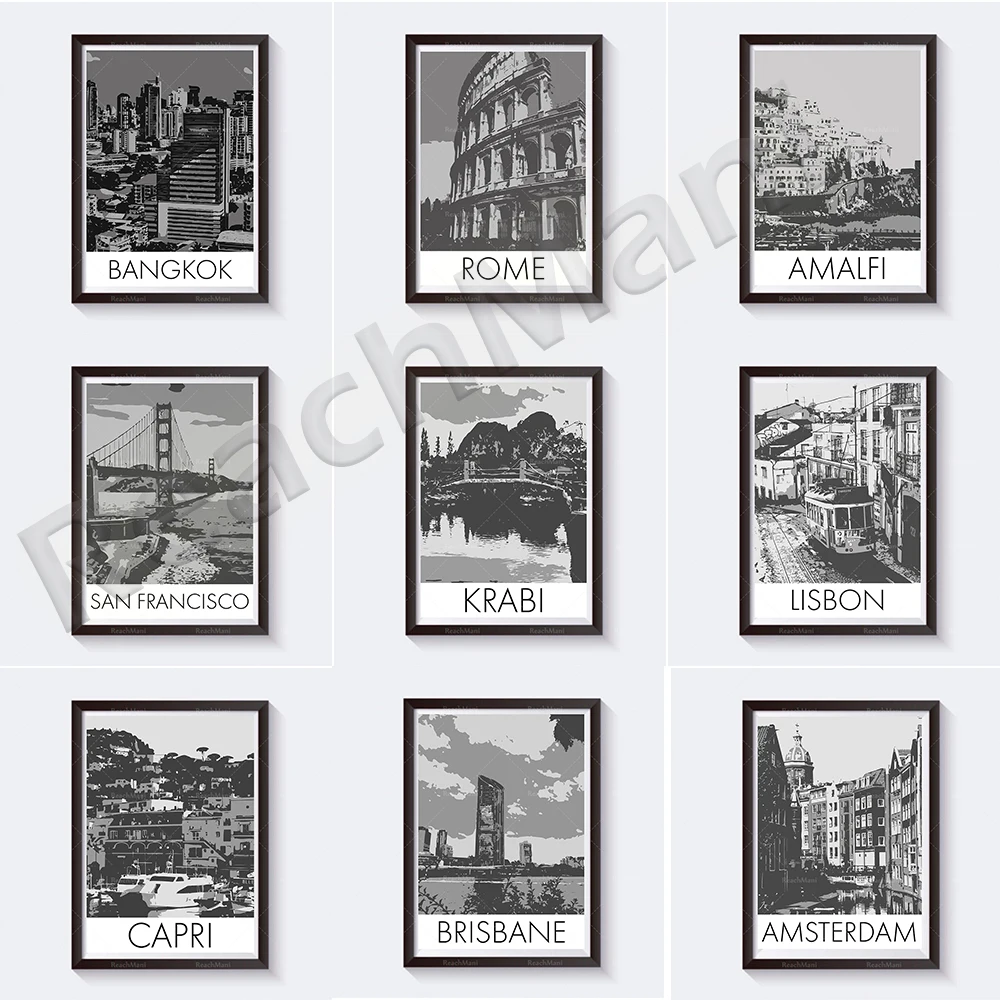 

Black and white travel posters for Bangkok, Paris, Barcelona, Italy, Australia, Netherlands, Portugal, San Francisco, Thailand