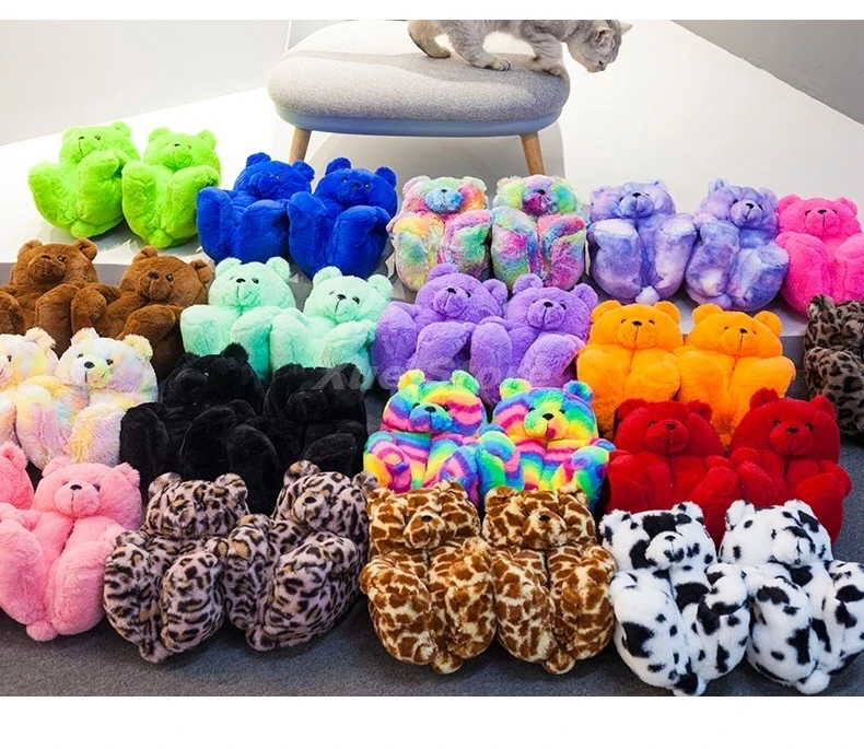 

Women House Teddy Bear Slippers Winter Cartoon Plush Home Slipper Warm Funny Indoor Shoes Female Animal Furry Faux Fur Slides