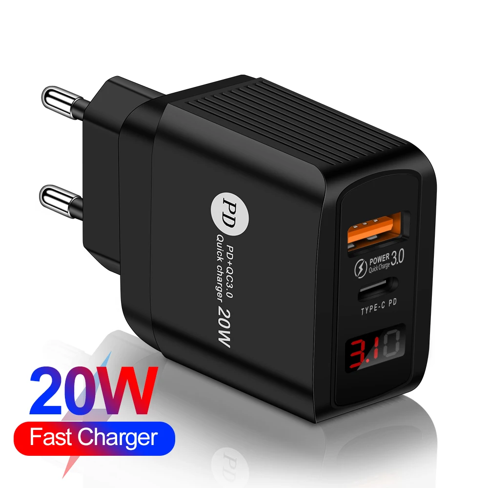 

PD 20W QC 3.0 Phone Charge Adapter USB Type-C 12V Universal Adapter 5V LED Display Travel Wall Charger EU US UK For Smartphone