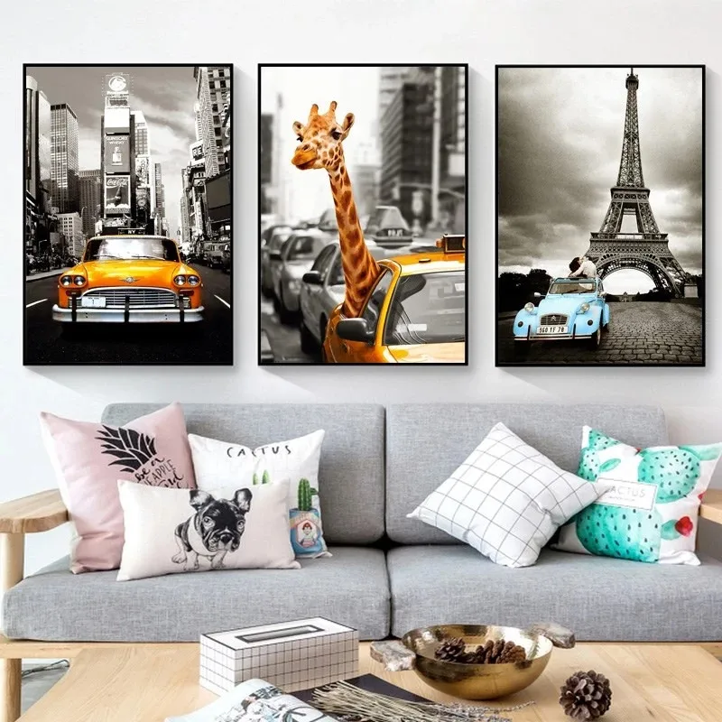 

SURELIFE Vintage Car City Giraffe Prints Canvas Paintings Abstract Wall Art Pictures POP Poster for Living Room Home Decorative