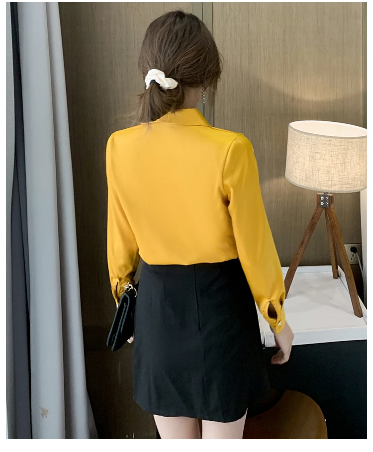 

Houthion Long Sleeve Women's Blouse Korean Fashion Tops Casual Comfortable Plus Size Silk Solid Color Suit Collar Shirt