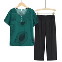 summer two piece set women cotton linen printed tops pants suits casual fashion womens sets vetement femme y877