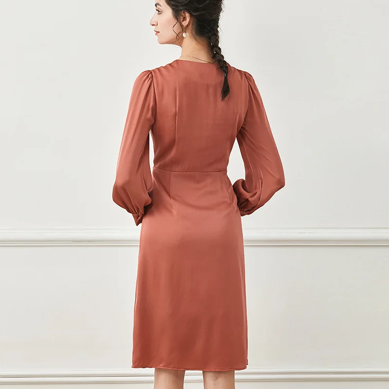 

Fashion Pale Mauve Natural Silk V Neck Dresses High Waist French Dress Knee-length Solid Elegant Women Party Dress Vestido