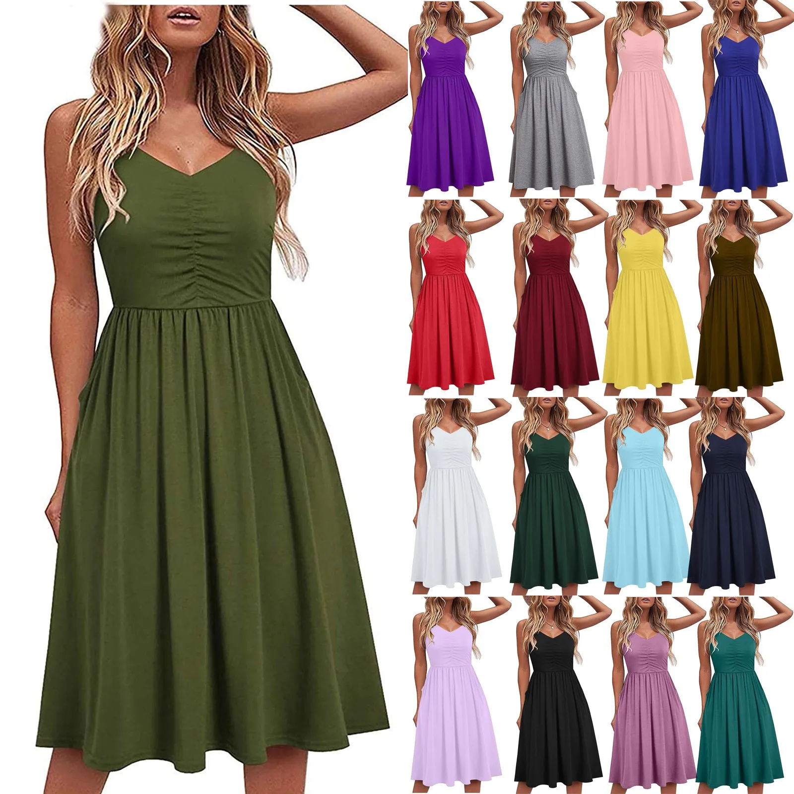 

2021 Summer Women Spaghetti Strap Dress Cotton V-Neck Solid Color Mini Dress Stitching Large Swing Casual Sundress Vestidos