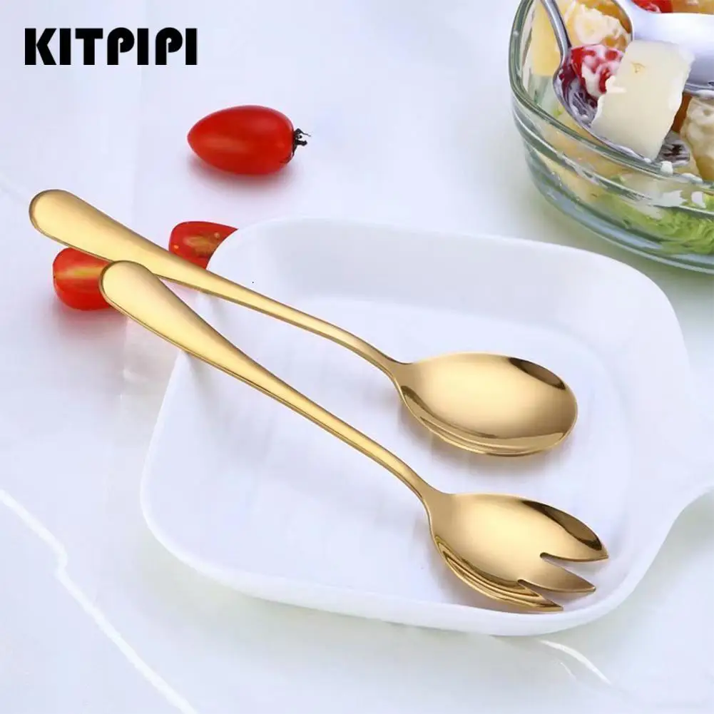 

KITPIPI 2pcs Gold Salad Spoon Fork New Salad Spoon Steel Cutlery Set Serving Spoon Set Colorful Unique Spoons In Stock