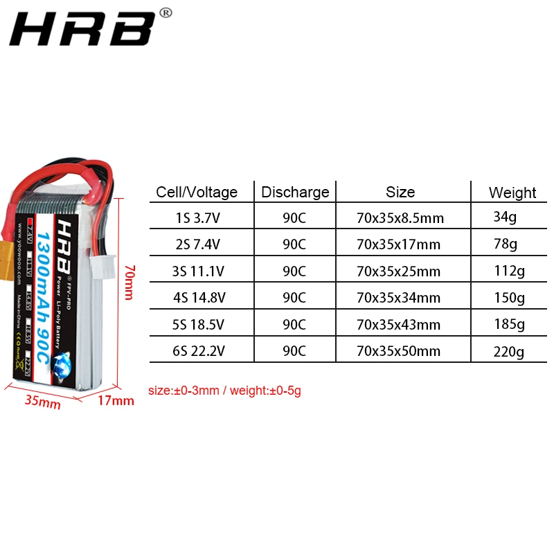 hrb 1300mah lipo батарея 37 v 74 v 111 v 148 v 185 v 222 v xt60 deans t 2s 3s 4s 5s 6s rc час