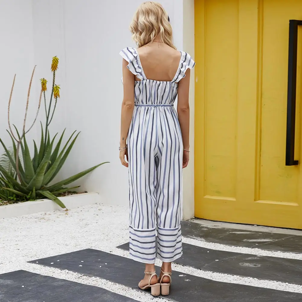 

Soolasea boho Women Jumpsuits Rompers Summer Casual Striped Ruffles Overalls Jumpsuit Ruffles Backless Wide Leg Loose Jumpsuit