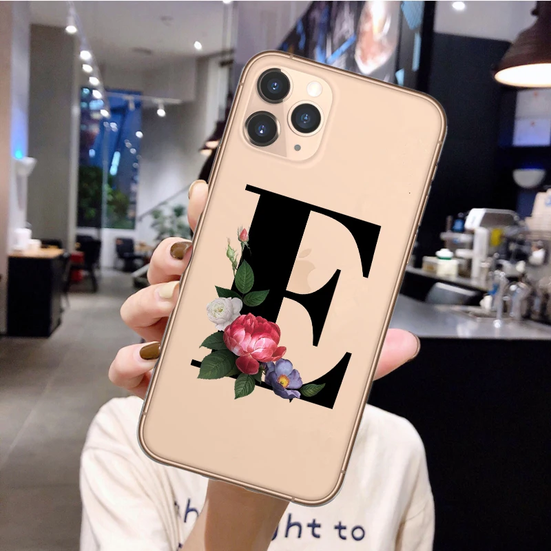 

DIY Name Custom Phone Case For iPhone 11 Pro X XR XS Max 6 6s 7 8 Plus Fashion Customized first letter flowers Soft Coque Cover