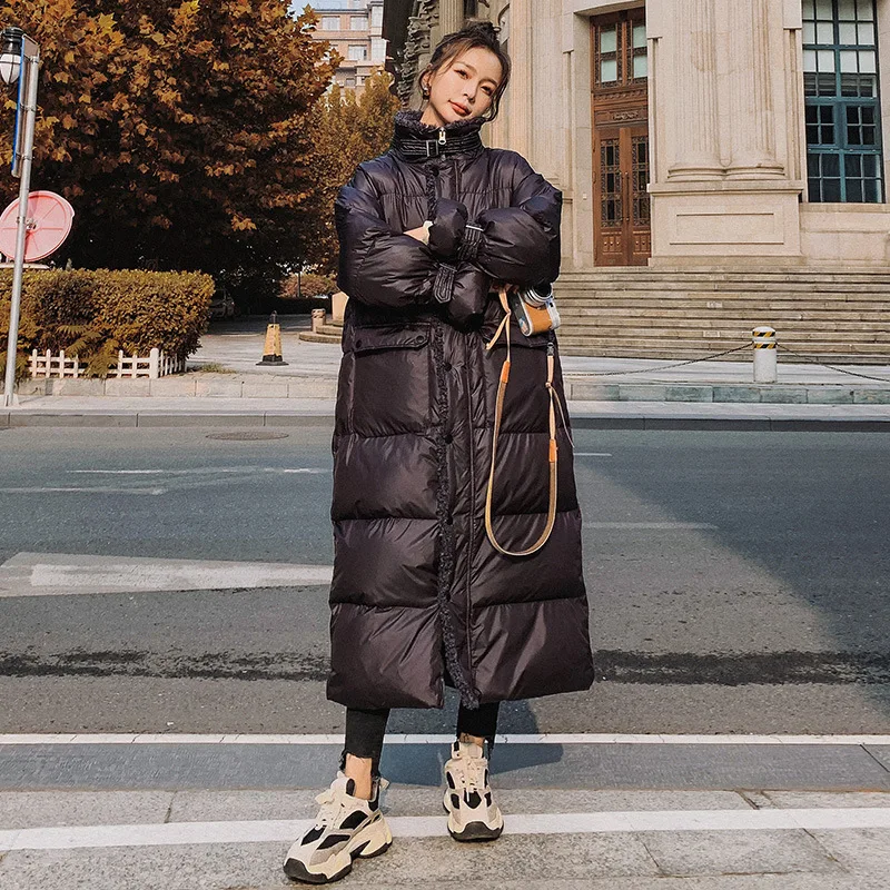 Women's Winter Mid-Length Black Shiny White Duck Down Cotton Coat Korean Style Loose Thick Lamb Wool Stitching Jacket Female M86 | Женская