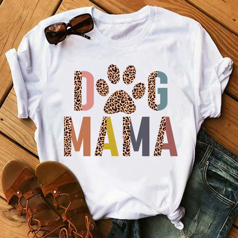 

Leopard Dog Mama Paw Letters Graphic Printed Women T-shirt Female Fashion Short Sleeve Tshirts Girls Casual O-neck Tops Tee