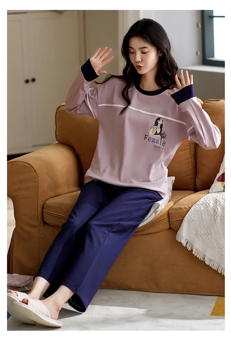 

Cartoon Printed Pyjamas Long Sleeves Long Pants Pijama 100% Cotton Sleepwear Cute Nightwear Round Neck Women's Pajamas Sets