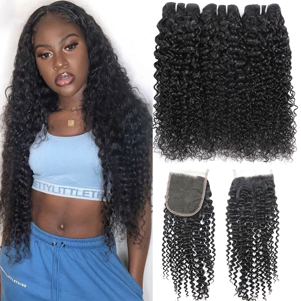 Kinky Curly 3 Bundles With Lace Closure culy Human Hair Weave Extensions Peruvian Curly Hair Bundles With Closure