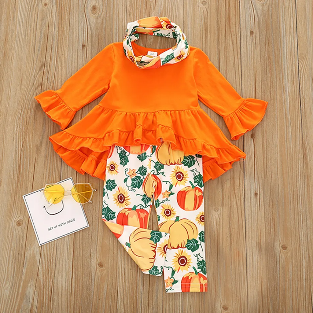 Winter Autumn Toddler Newborn Baby Girl Clothes Set Long Sleeve Halloween Outfits Pumpkin Print Pants+Tops+Scarf 6M-4Y | Детская одежда