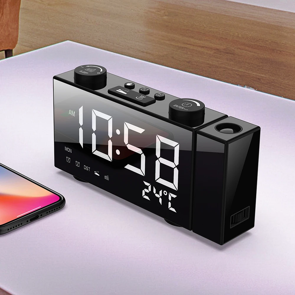 Digital Alarm Clock FM Projection Radio Alarm Clock with Snooze Thermometer Table Clock USB/Batterys Powers Supplys LEDs Alarm