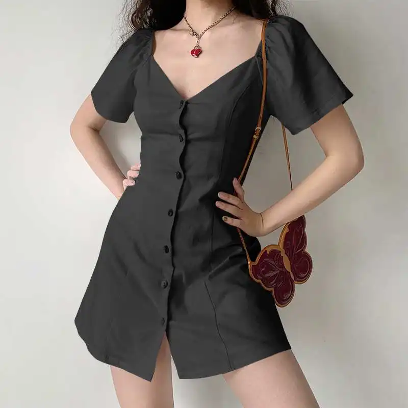 

VONDA Summer Short Sleeve Button Down Tunic Mini Dress Women Solid Color Party Pleated Dresses Femme Loose Sundress Oversized