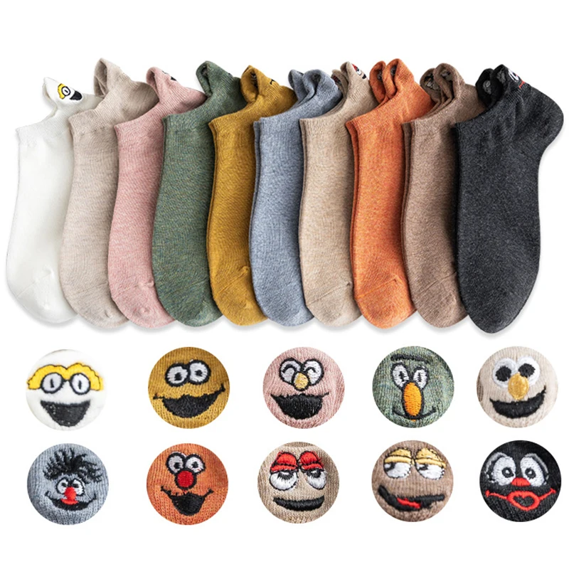 

20 Pcs=10pairs/Lot Cotton Funny Socks Women Kawaii Embroidered Expression Women Socks Happy Cute Socks Candy Color Skarpetki