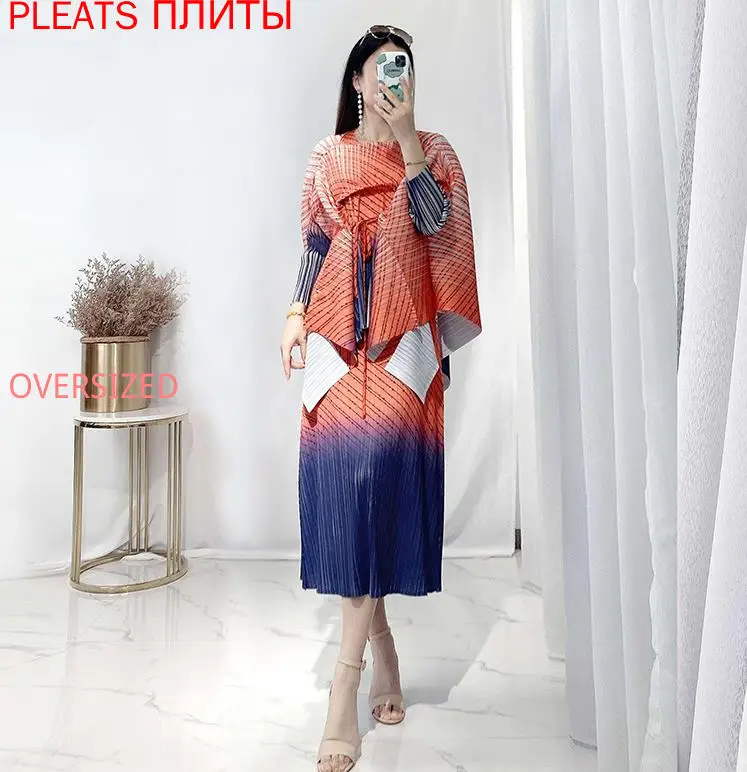 

Miyake Fold Gradient Dress Set 2021 Spring and Summer New Loose Thin Hedging Long-sleeved Top Two-piece Long Dress Top and Dress