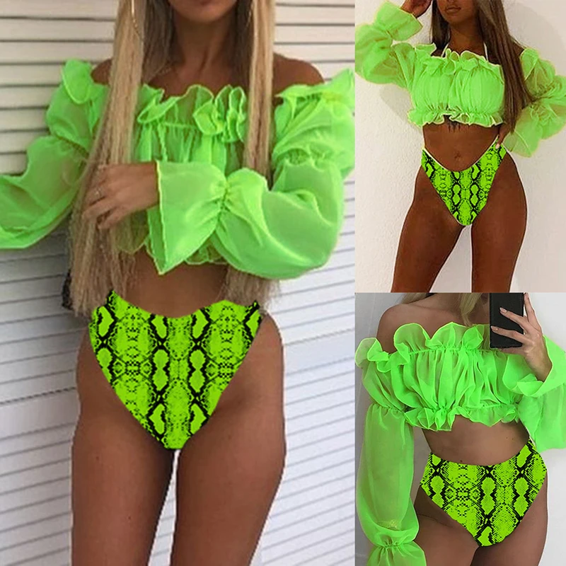 Sexy Green bikini set Swimwear Women Mesh long sleeve swimsuit female High waist bikini Snake printed Bathing suit Mujer