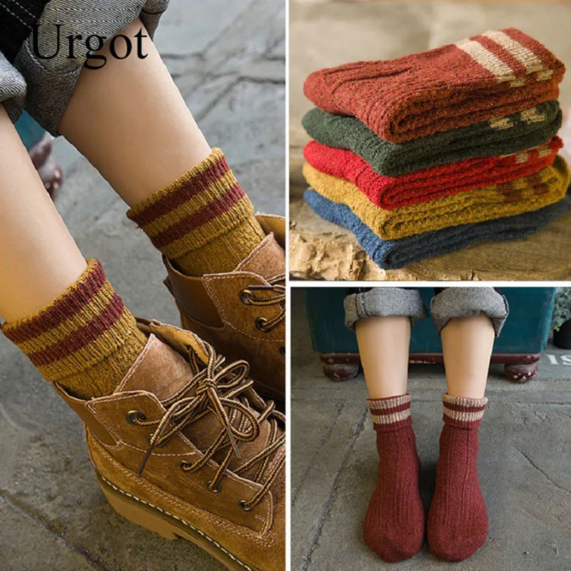 Urgot 5 пар зимние шерстяные носки плотные теплые вязаные в полоску женские