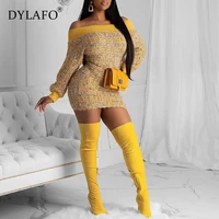 fashion patchwork off shoulder office knitted dress women full sleeve bodycon yellow dress spring sexy fashion party slim dress
