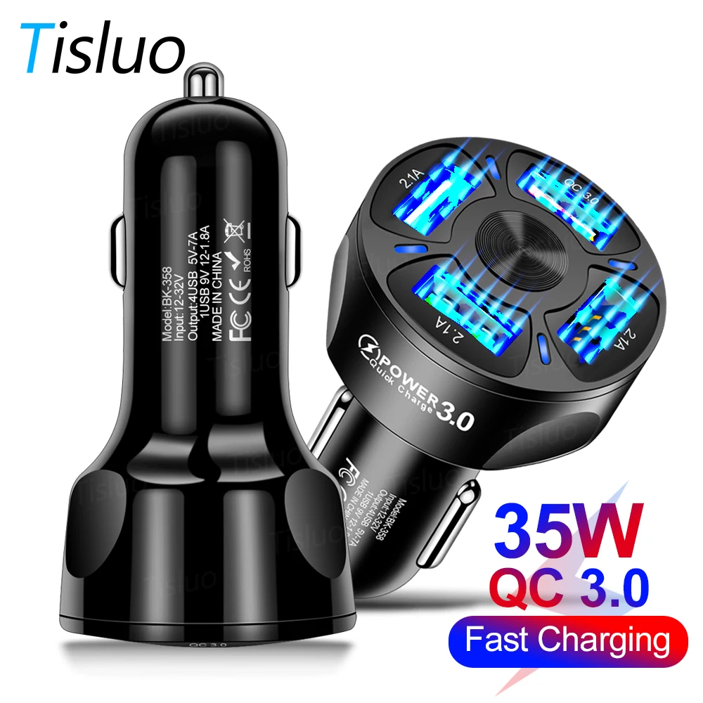 

Tisluo Car Charger 7A Quick Charge 3.0 Fast Car Cigarette Lighter For iphone 11 Samsung Huawei Xiaomi 4 Ports Car USB Charger