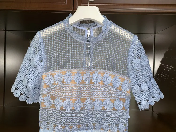 ESHINES дизайнерское длинное платье элегантное голубое вышитое цветочное ажурное