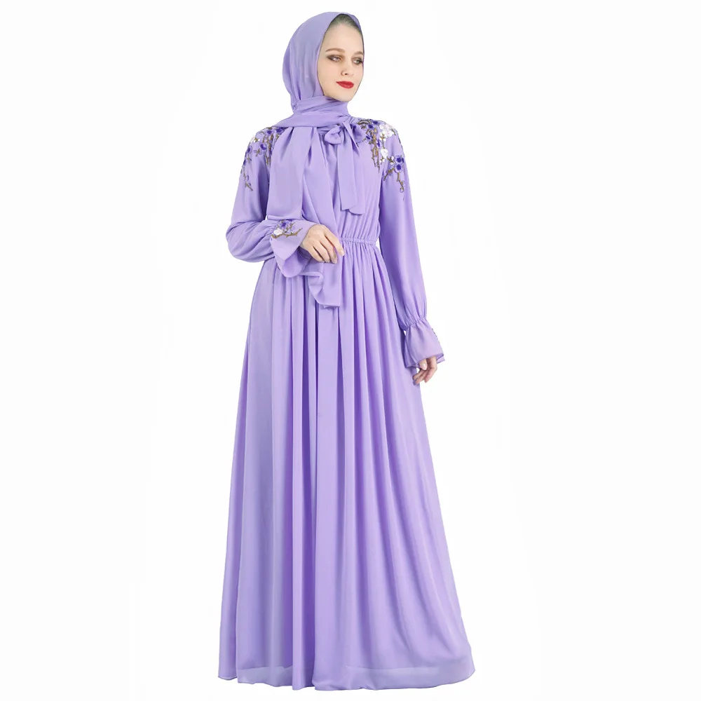 

American muslim fashion abaya Dubai women Lavender embroidered dress female islamic clothing abayas kaftan for women MSL841