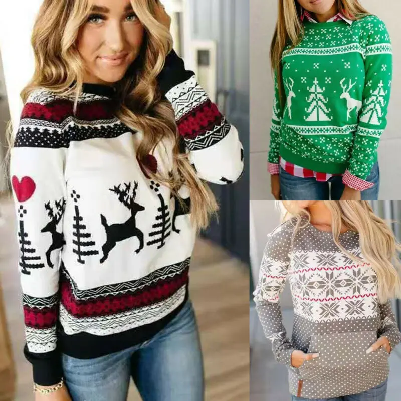 

Spring Winter Womens Sweatshirts Fashion Loose Christmas Tree Knitted Pullover Jumper Sweater Casual O-Neck Long Sleeve Blouse