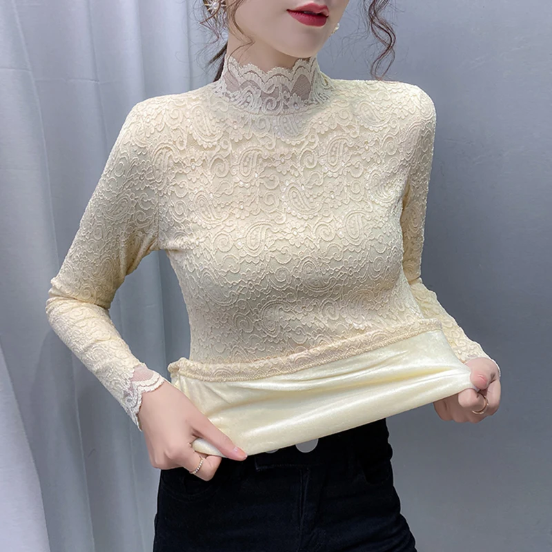 

Winter Warm Lace Women Blouse Lace White Office Lady Thick Velvet Fleece Shirts Elegant Solid Slim Sexy Bottoming Shirts Tops