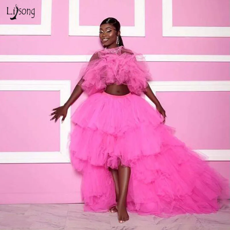 

Fashion Hi Low Evening Party Dresses Tiered Tulle Long abiye robe de soiree 2 Pieces Prom Gown Ruffles vestido de festa longo