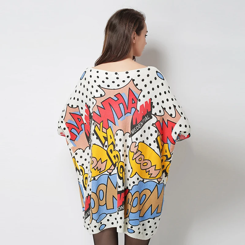 Негабаритный женский свитер пуловер Модный рукав летучая мышь точка печати