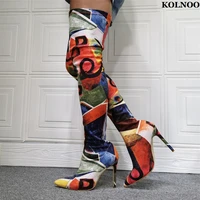kolnoo new classic handmade ladies high heels over knee boots multicolored stretch leather thigh high booty fashion winter shoes