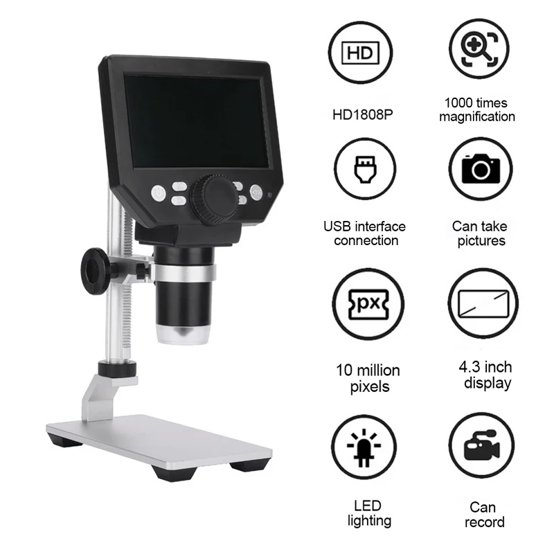 

USB Digital Electron Microscope 4.3 In Large Base LCD Display 8MP 1-1000X Continuous Amplification Magnifier Microscope Camera
