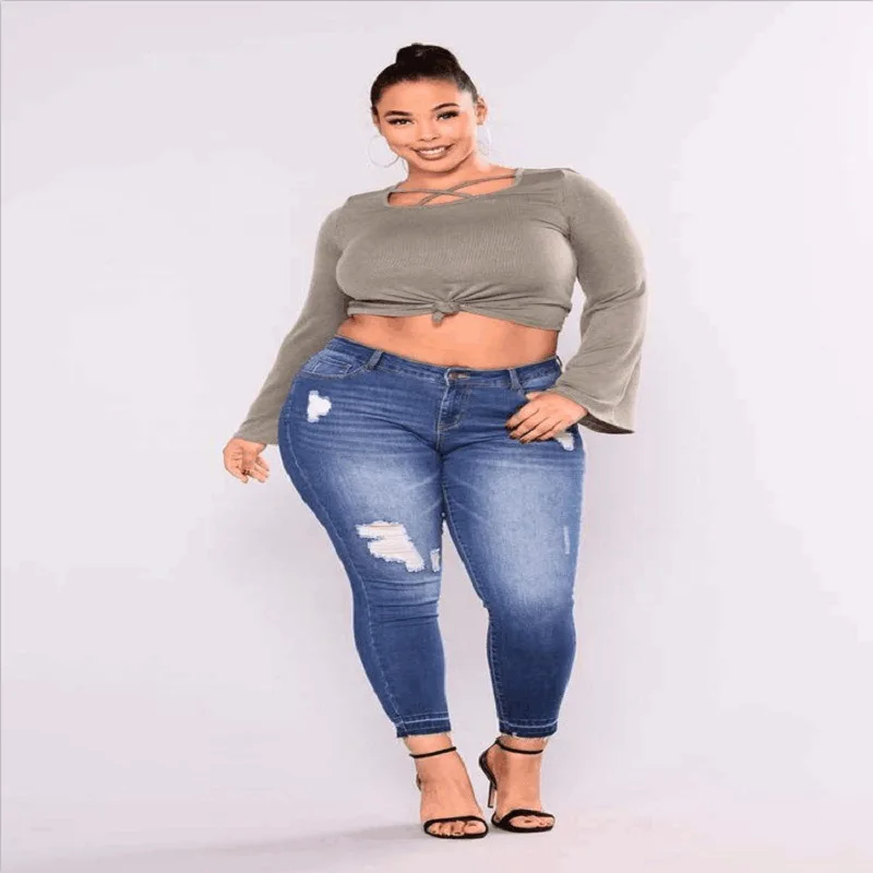 

Women casual skinny high waist jeans pants ripped hole pencil pants custom logo print on product and package from 1pc dropship