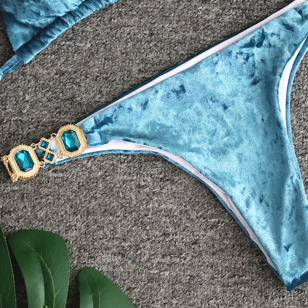 

AIUJXK Blue Rhinestone Velvet String Bikini Set Women 2021 Beach Wear 2 Piece Swimsuit Female Thong Swimwear Sexy Bathing Suit
