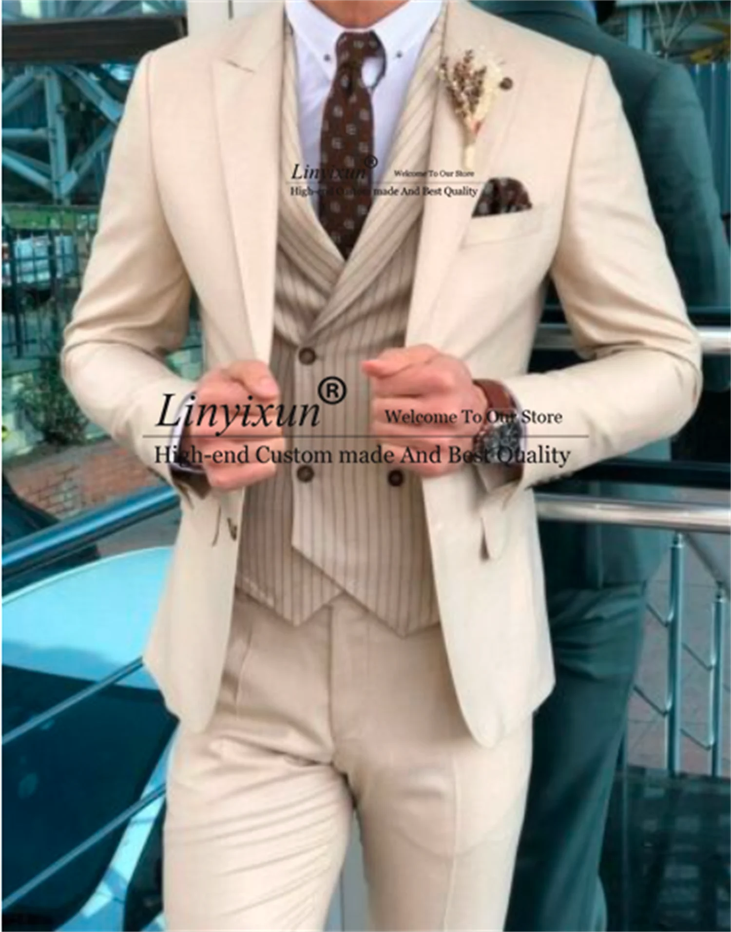 Formal Begie Mens Suits For Wedding Notched Lapel Groom Tuxedos Stripe Waistcoat 3 Piece Business Male Blazer Terno Masculino