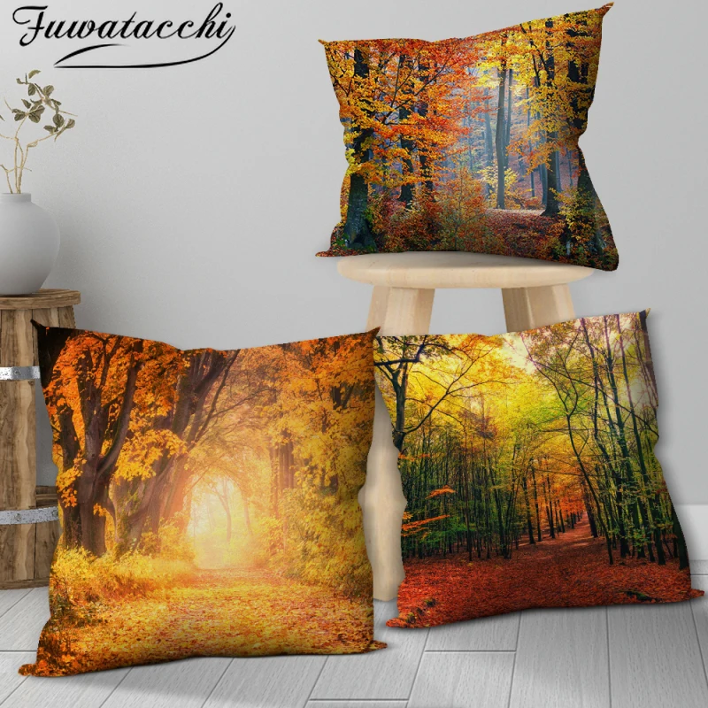 

Fuwatacchi Gold Forest Printed Pillow Case Autumn Maple Trees Photo Cushion Cover for Home Sofa Decor Pillowcases Christmas Gift