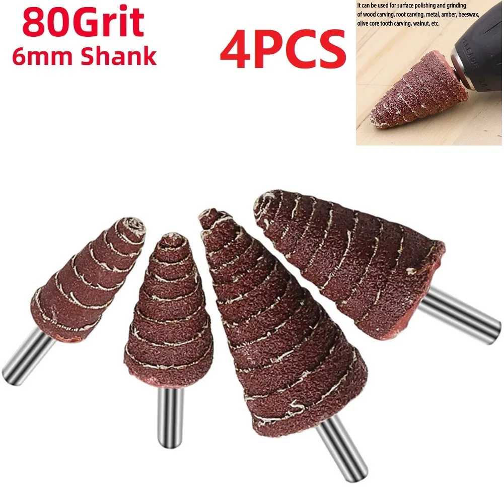 

4Pcs 80# Tapered Cone Grinding Head Sandpaper Flap Wheels Polishing Sanding Tools For Drill Dremel Accessories 6mm Shank
