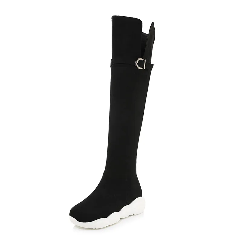 black flock ASUMER/Большие размеры 34-46, модные сапоги выше колена женские сапоги на плоской платформе с круглым носком зимние теплые сапоги с искусственным мехом - Цвет: black flock