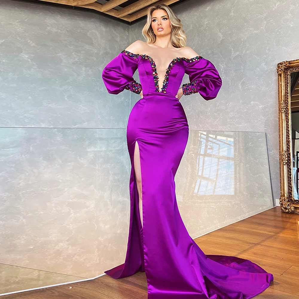 

Vintage With Rhinestone V Neck Off Shoulder Evening Party Gown For Woman Long Sleeves Prom Dress Slit Vestido De Noche Plus Size