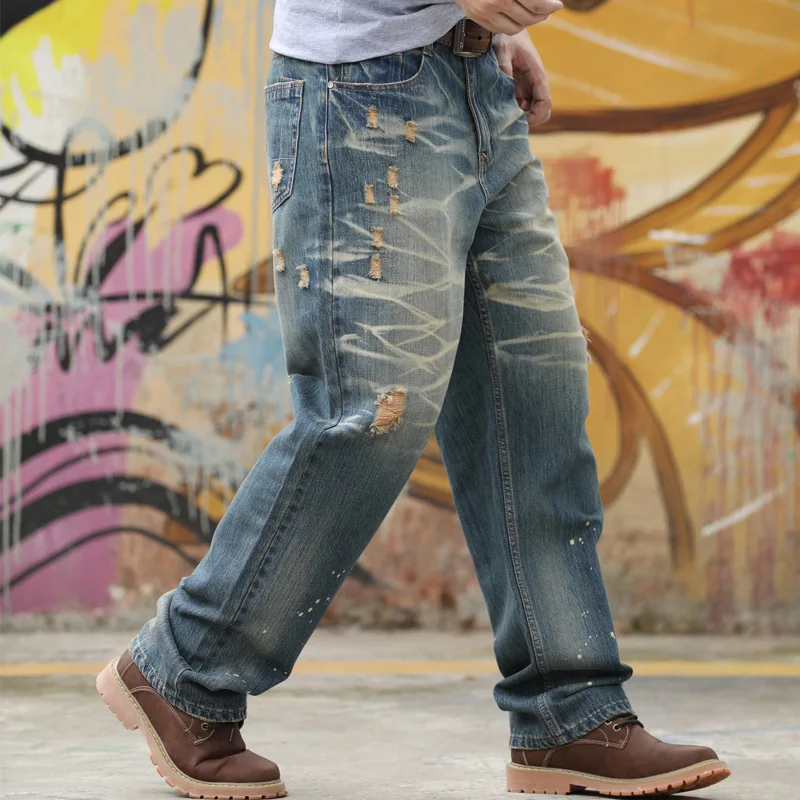 Retro Men Baggy Jeans Leisure Hole Stripe Straight Large Size Wide Leg Denim Pants Hip Hop Skateboard Blue Tattered Trousers