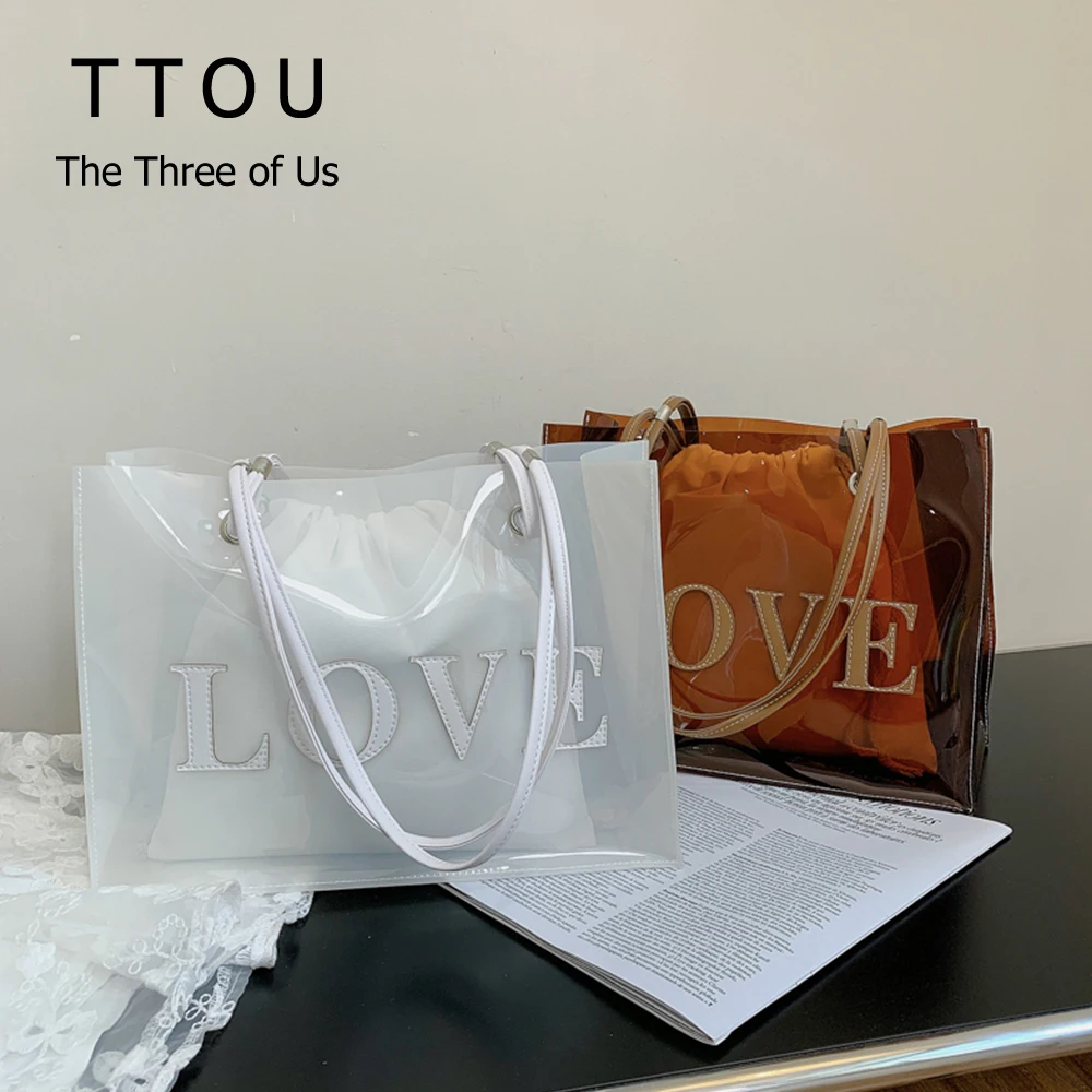 

2set Large Capacity Clear Pvc Women's Handbags 2021 New Fashion Transparent Letter Shoulder Bags Female Travel Shopping Tote Bag