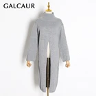 Повседневные свитера GALCAUR для женщин, водолазка с длинным рукавом и разрезом по бокам, длинные минималистичные базовые вязаные пуловеры, женская одежда 2021