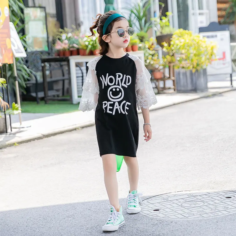 Детская футболка с кружевными рукавами Летние футболки для девочек Хлопковая