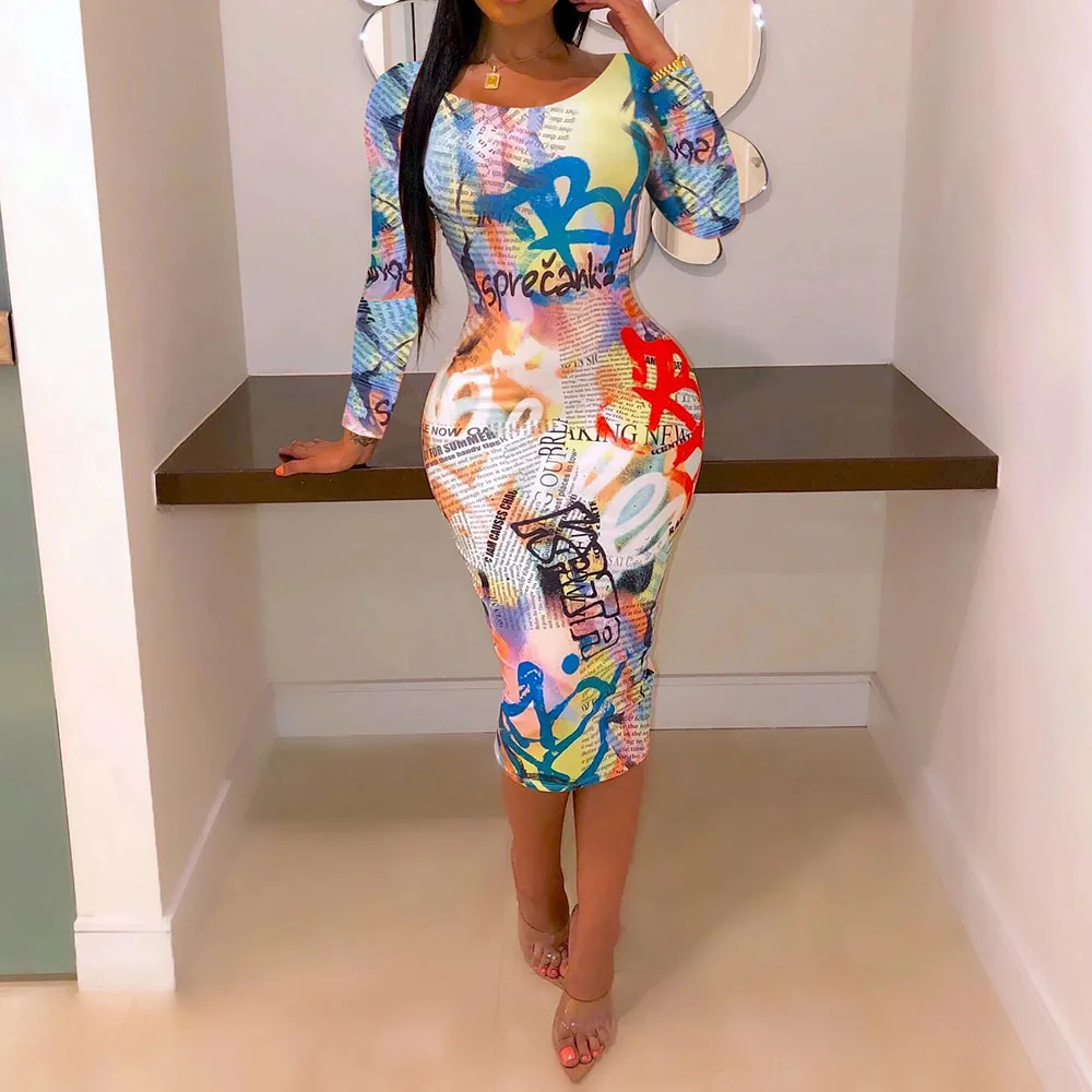 Модное осеннее платье бодикон с буквенным принтом длинным рукавом африканские