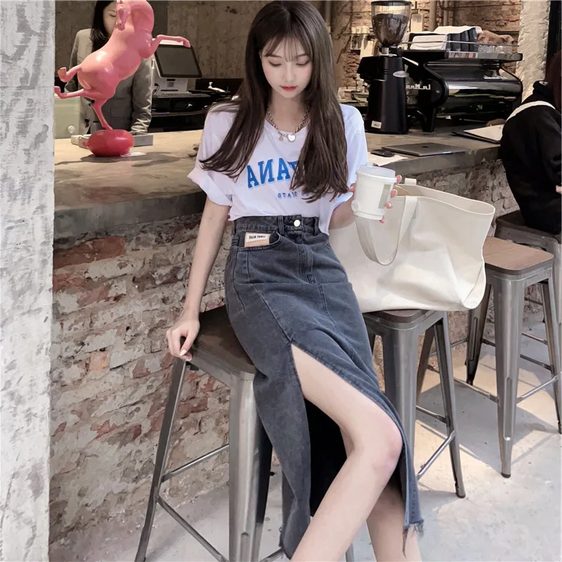 

2021 Summer Denim Skirts Long Hong Kong Style Split Long Jean Midi Skirt Fashion Women Mid-Length Straight Mid-Calf BSQ224