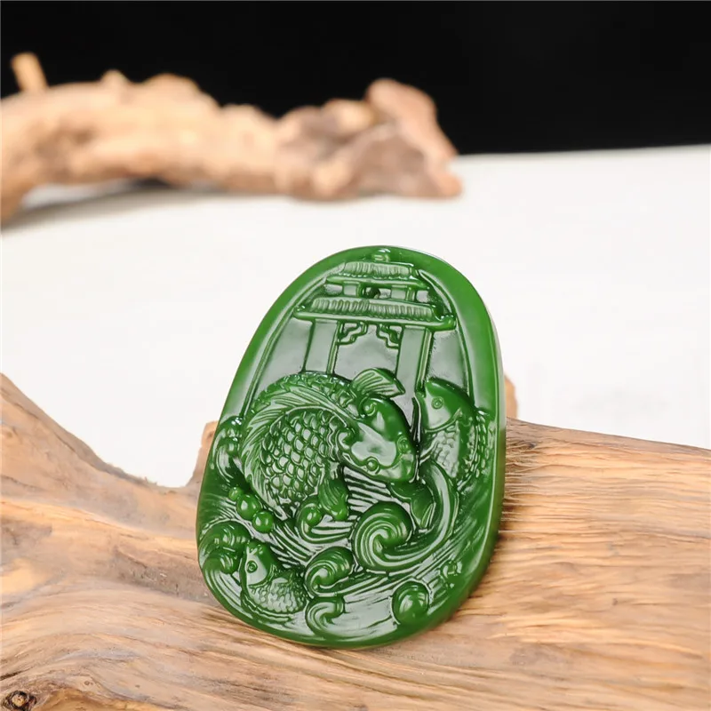 Китайский натуральный зеленый нефритовый Карп Кулон ожерелье ручной резки