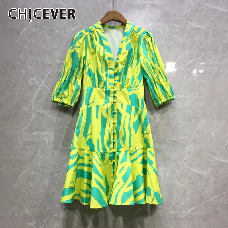 CHICEVER принт хит цвет женские платья V образным вырезом Половина рукава высокая