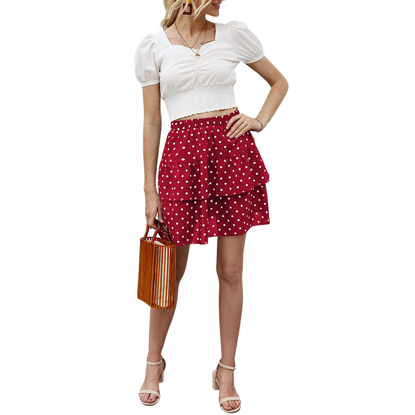 

Women Polka Dots Mini Skirts, Girls High Waist Ruffle Layer A-line Half Dress Cake Skirts